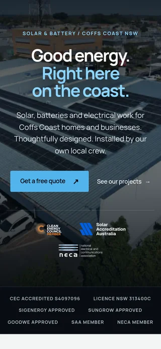 Coffs Coast Electrical homepage on a phone